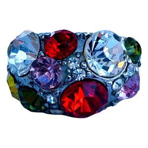 Vintage Multicolored Rhinestone Cocktail Ring SZ 8 Silver Tone Bold Statement